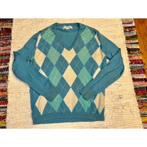VINTAGE 80's BALLANTYNE SCOTLAND MERINO WOOL TURQUOISE ARGYLE VEE NECK SWEATER